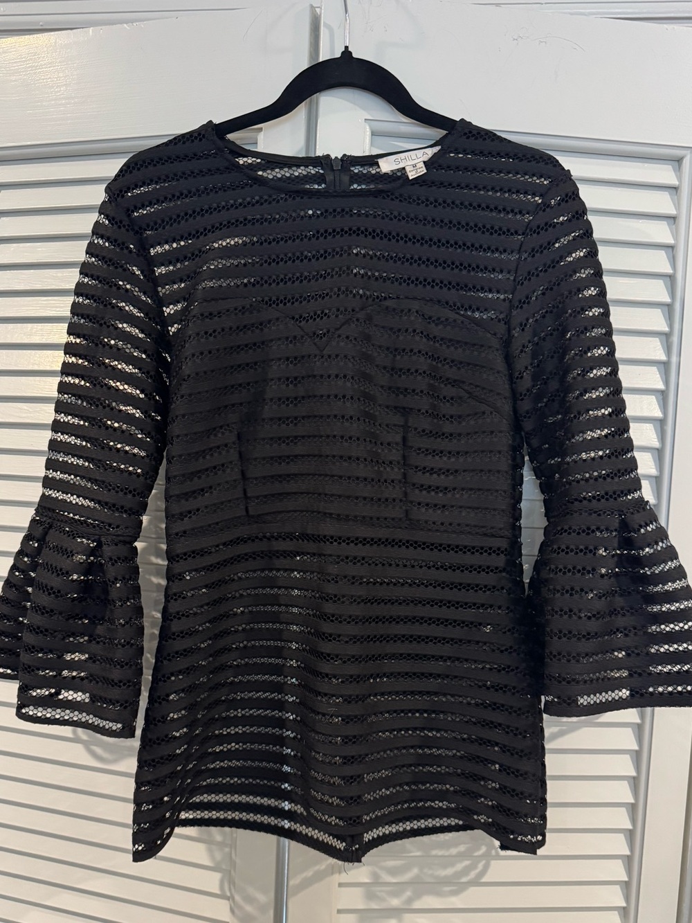Black Lace Stripe Bell Sleeve Blouse by Shilla